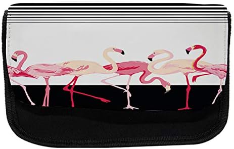 Lunarable Retro pernica, Pink Flamingos i pruge, torba za olovku od tkanine sa duplim patentnim zatvaračem,
