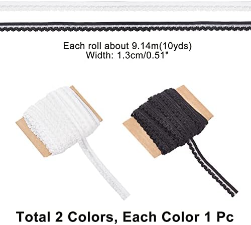 ArricRaft 20 Yards Elastična čipka TRIMPBON, 1/2 inča Bijela crna najlonska elastična tkanina Vintage Picot