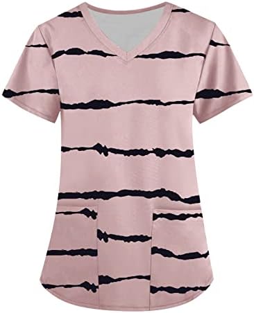 NOKMOPO ženske majice Casual pamuk modni V-izrez kratki rukav sa džepovima pruge štampani vrhovi