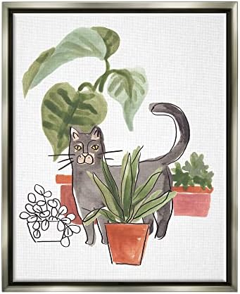 Stupell Industries grey Cat Pet Terakota Kućne biljke tropska Monstera, dizajn do juna Erica Vess