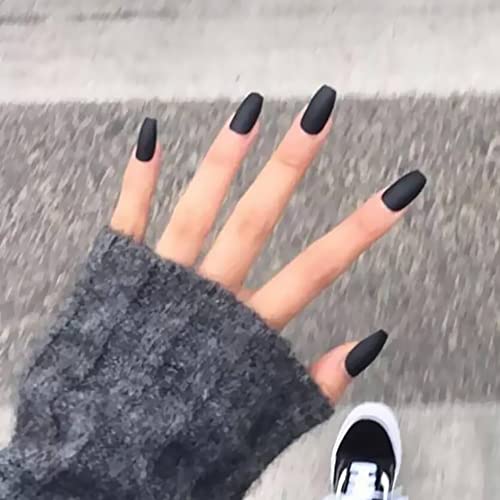 Noir crna mat presa na noktima sa ljepilom srednje duga čvrsta crna boja lažni nokti Luksuzni lijes