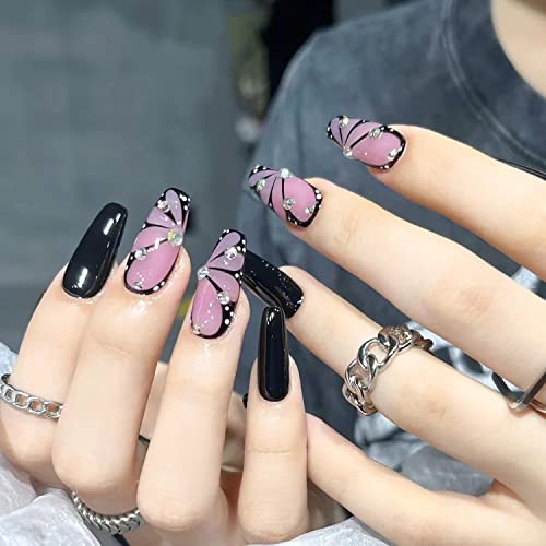 Bnuutim Crna presa na noktima lažni nokti srednje dužine s luksuznim dizajnom leptira Glitter
