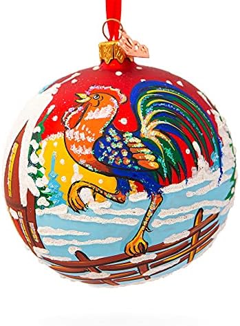 Rooster u zimskom selu Glass Ball Božić Ornament 4 inča