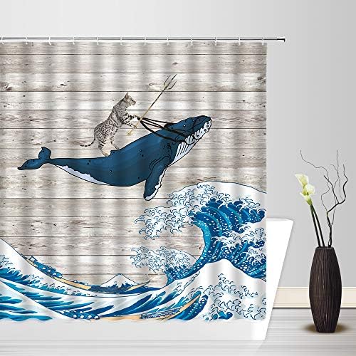 Smiješna CAT tuš zavjesa Japan Great Waves Rustic Siva barna vrata Drvena slatka mačića Vožnja kitova Creative