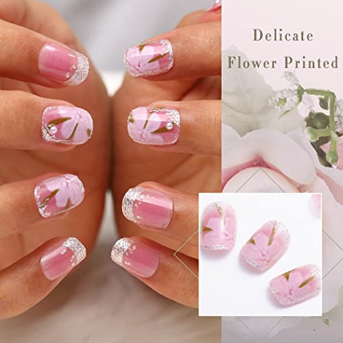 Uranian Square Press na noktima kratki francuski lažni nokti sa biserima cvijet sjajni ružičasti lažni nokti