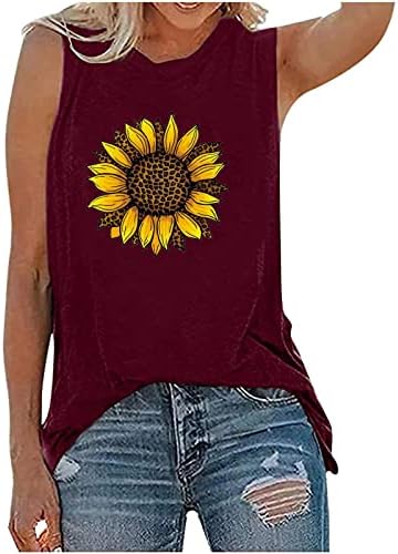 Oplxuo ženski okrugli vrat bez rukava Tank Tops Sun Flower Print uzorak bluze majice grafičke majice labave ljetne