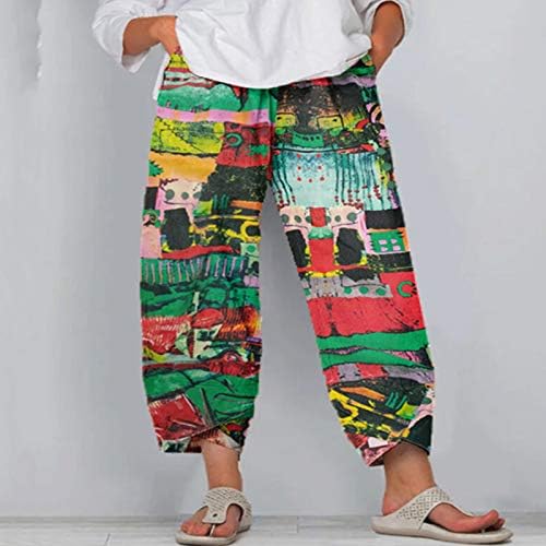 Ženske pamučne posteljine hlače Vintage cvjetne tiske široke pantalone za noge Ljetne elastične strugove casual