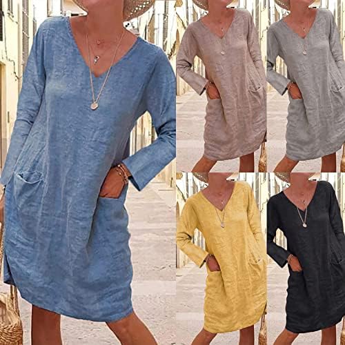 Niuqi Ženske ljetne pamučne posteljine Ležerne haljine za smjenu od pune boje / kratki rukav s kratkim