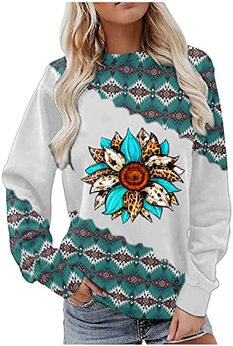 Aztec majice za žene Vintage grafičke majice s dugim rukavima Crewneck pulover bluza Egzotična suncokret
