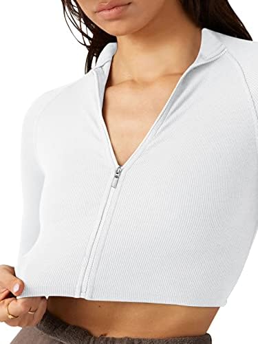 LASLULU ženski Zipper Workout Top bešavni Dugi rukav rebrasti atletska košulja za jogu skraćeni