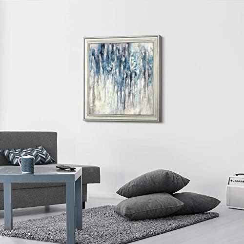 Plava apstraktna uokvirena zidna Umjetnost: Veliko Teal moderno slikarstvo savremena mornarička slika minimalistički šareni vertikalni teksturirani otisci Srebrna Glitter Galerija umjetničko djelo za spavaću sobu dnevna soba Kućni ured