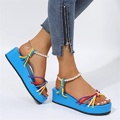 Ženski modni ljetni šareni pleteni remen biserna kopča platforma Wedge bež sandale sa visokim potpeticama