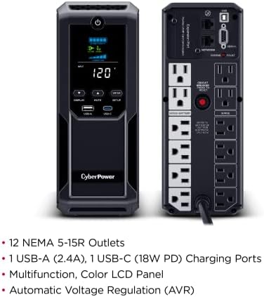 CyberPower BRG1500AVRLCD2 inteligentni LCD UPS sistem, 1500va / 900W, 12 prodajnih mjesta 2 USB porta, AVR, Mini-toranj,