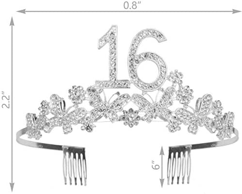 Doradreamdeko 16. rođendan krila i tijara za djevojčice - Fabulous Set: Glitter Sash + leptiri Rhinestone Srebrna Premium metalna tijara, pokloni za 16. rođendan za slatku 16 rođendansku zabavu