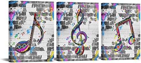 sechars Vintage Music Wall Art Graffiti Music Notes Painting Art Print na platnu Street Pop Art Music Notes Poster sa unutrašnjim drvenim okvirom za učionicu dnevna soba muzička soba Decor Set od 3