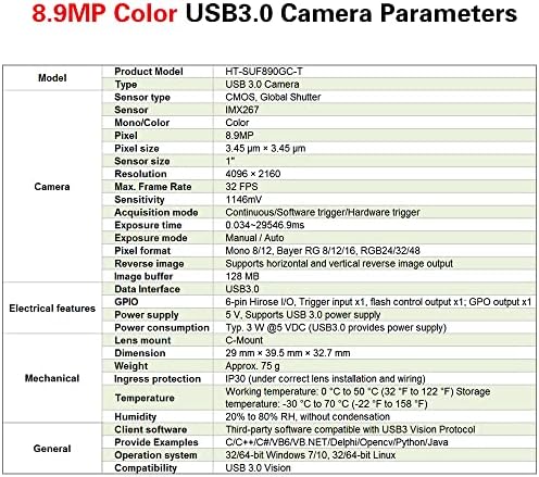 HTETG Vishi Brzina USB3.0 boja 8.9mp 1 Mašina Vision Global Shutter Industrijska kamera C-ua podržava Windows i Linux SDK skeniranje skeniranja 4096x2160 32FPS Indoor