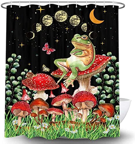 Gljiva žaba zavjesa za tuširanje, morna faza leptir vertikalne žabe Estetičke zvijezde zvijezde zastori za kupanje, listova zelena biljka leptir cvjetna botanička tkanina za zavjese kupaonice sa 12 kuka, 69x70