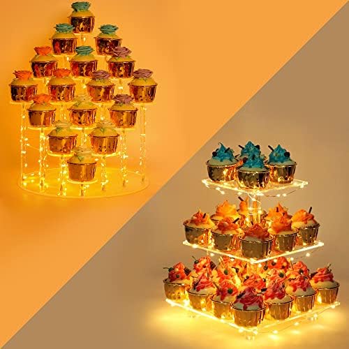 Stalak za Cupcake-vrhunski držač za torte-stalci za deserte za torte za 16 kolačića + Žuti LED svjetlosni niz - idealno za vjenčanja, rođendanske zabave, večeru uz svijeće