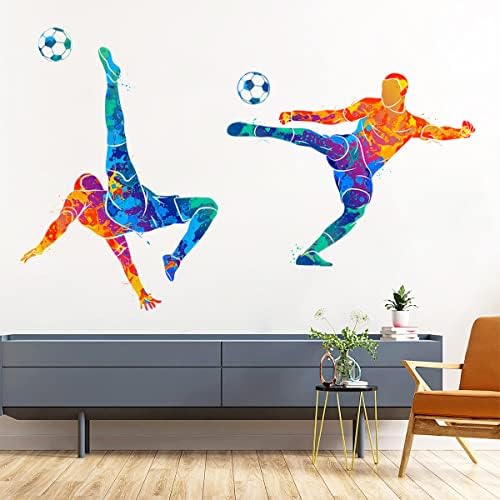 Woyinis Colors Splash Soccer Players Zidni naljepnica Creative Nepoželjivi fudbaleri Silhouette Zidne naljepnice Ogulje i palice Sportske zidne ukrasne umjetničke freske za dječake Tinejdžeri Sobe Dječji dekor