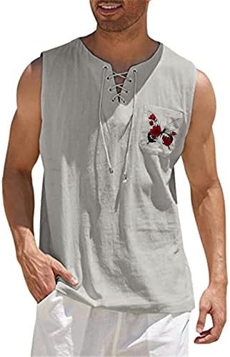 ZDDO MENS pamučni posteljina vrhova majica bez rukava na majica bez rukava V izrez Leptir Print