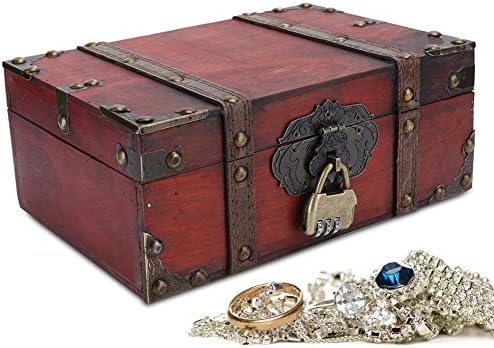 Vintage Drveno skladištenje i dekorativna kutija, mali drveni spremnik prsa za pirate pirate sa gvožđem i kosturnim
