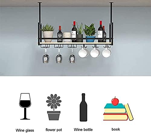 Viseća stropna polica EMISOO viseći stalak za vino sa držačem i policom za staklo, metalni stropni Bar stakleni