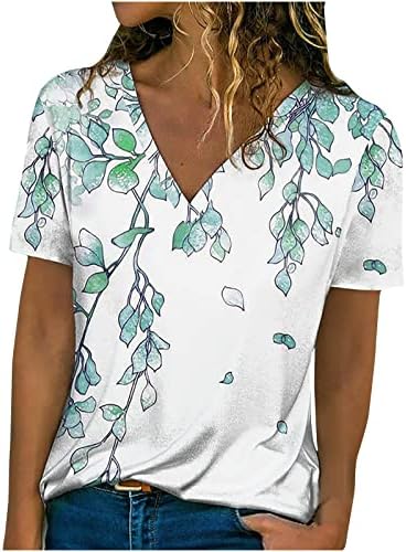 Žene ljetne casual v izrez T-majice Slatki kratki rukav Trendy Listovi Ispis Tunic Tees Loot Fit Comfy bluze