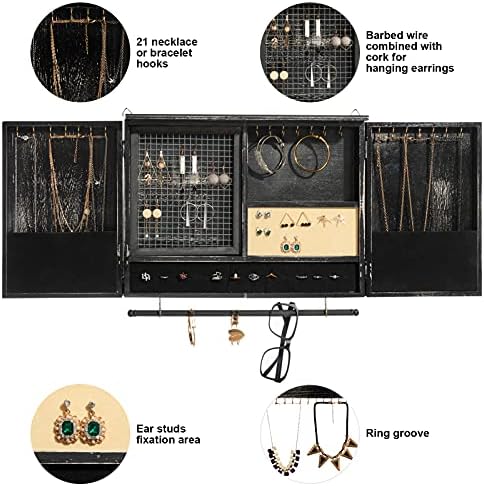 Paranta zidna kutija za odlaganje nakita, drveni vitrina za nakit sa dodatnom kukom, koristi se za organizovanje ogrlica, minđuša, prstenja i ostalog pribora