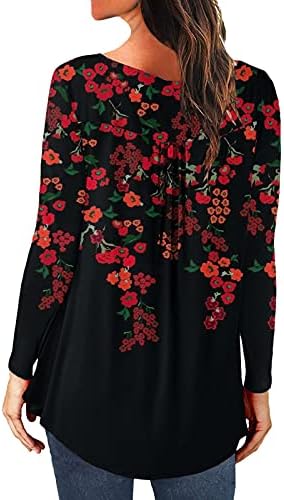 Balakie ženske cvjetne tunike vrhove dugih rukava Henley V vrat u majici casual bluza
