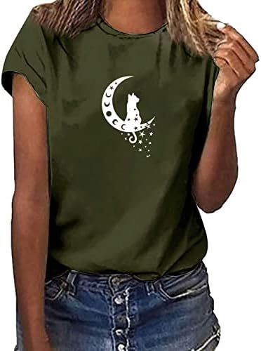 Žene 2023 Ljetne majice kratkih rukava Ležerne prilike pulover u okruglom vratu Mjesec i mačka