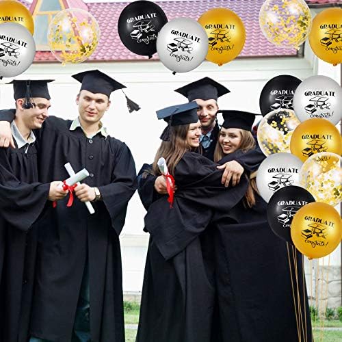 48 komada diplomirajući baloni za lateks crnog zlata i srebrnih gradova i zlatni konfetti baloni 2022. maturalni