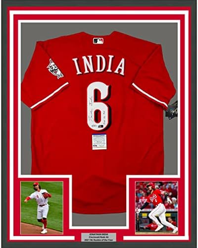 Uokvireni autogramirani / potpisan Jonathan India 33x42 2021 NL Roy Cincinnati crveni bejzbol dres JSA