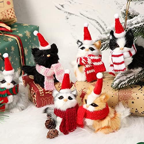 6 kompleta božićnih ukrasa za mačke sa šarenim šalom, Mini Tabby Xmas Tree Holiday viseća dekoracija