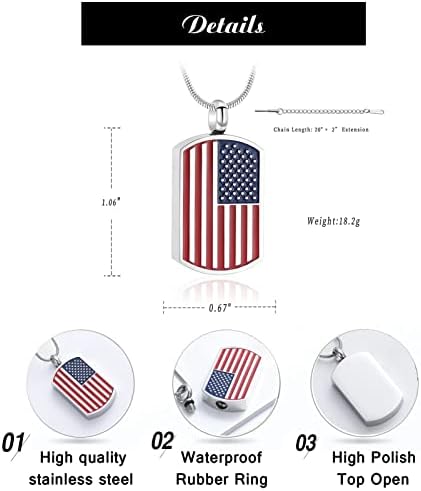 Zeqingjw USA zastava zastava nakit za muškarce urn ogrlica za pepeo od nehrđajućeg čelika vodootporna