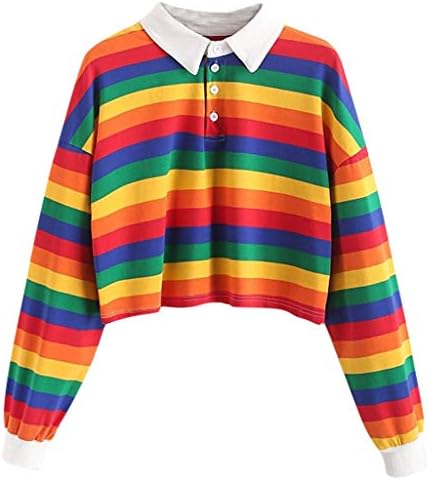Tifzhadiao Rainbow prugasti dugi rukav duks za žene za žene srušene polovine gornjeg gornjeg pulover za tinejdžerku