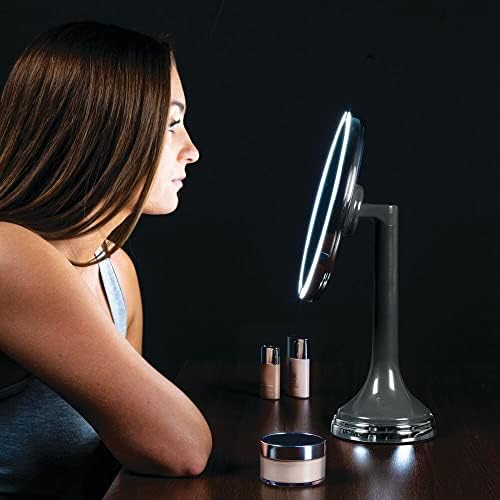 Mdesign moderni senzor pokreta LED Osvijetljeno ogledalo za kupatilo za šminkanje, Veliko 8 okruglo, 3x uvećanje, Hands-Free, Punjivo i bežično - sivo / hrom