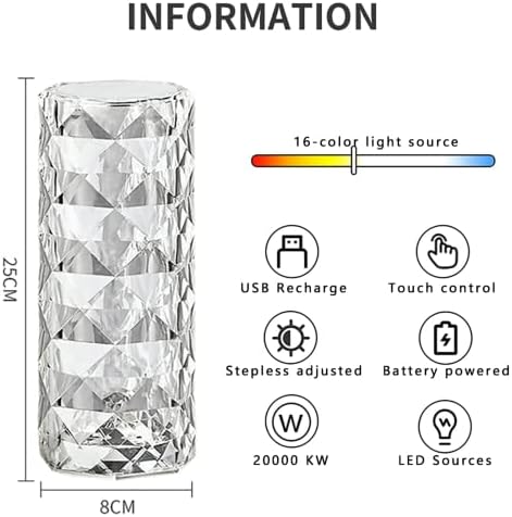 JZRH Crystal bušilica, 16-boja USB punjiva svjetlost dodirne lampe Noćna svjetlost s daljinskim