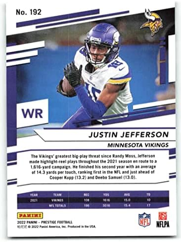 2022 Panini Prestige 192 Justin Jefferson Minnesota Vikings NFL fudbalska trgovačka kartica