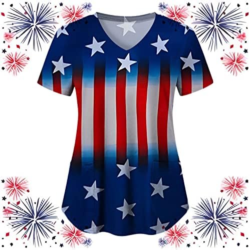 4. jula majice za žene američka zastava ljetna kratka rukava V vratna košulja sa 2 džepa bluza Top Holiday