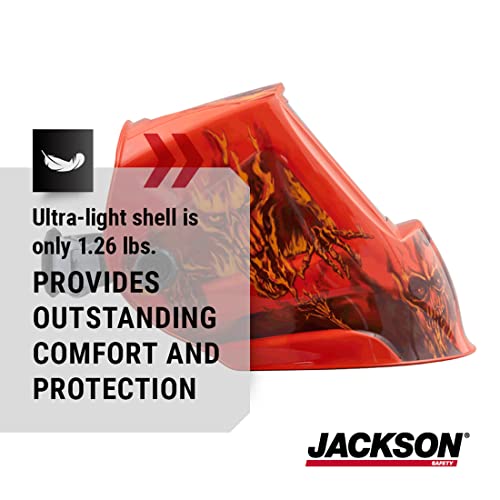 Jackson Safety Premium Auto Darkening Welding Helmet 3 / 5-13 opseg nijansi, 1 / 1 / 1 / 1 / 1 optička jasnoća, 1 / 20,000 sec. vrijeme odziva, 370 Speed Dial Headgear, Hellfire grafika, crvena / crna, 47101