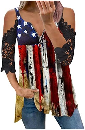 Ženska hladna ramena vrhunska američka staza Stripked čipkaste majice V izrez patentni zatvarač