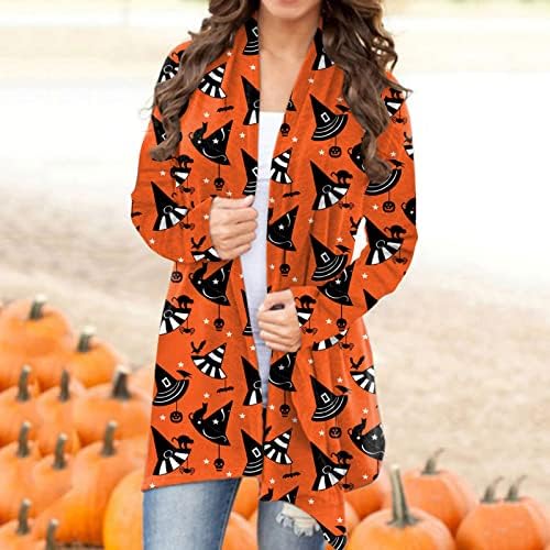 Žene Halloween Cardigan Pumpkin Cat Print s dugih rukava Otvoreni prednji Plus veličine Džemper kaput vrhunske
