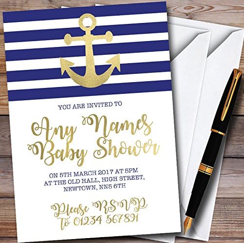 Zlatno plava & amp; Bijela Nautička Sidra personalizirane pozivnice za tuširanje beba