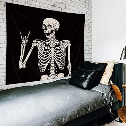 Riyidecor lubanja tapiserija Viseća 51HX59W inča Funny kostur crno-bijela tema Početna Dekor za muškarce