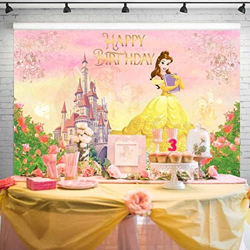 Pozadina princeze Belle za rođendansku zabavu akvarelne ruže cvijet dvorac Pink žuta pozadina