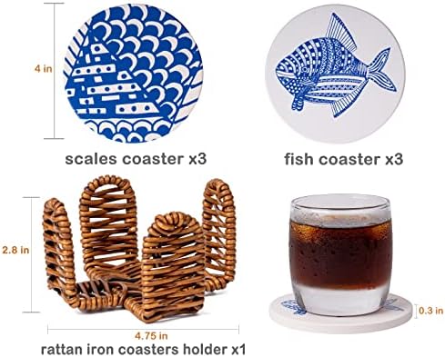Podmetači za piće, upijajući podmetači Set od 6 komada, keramički podmetači za piće plave ribe