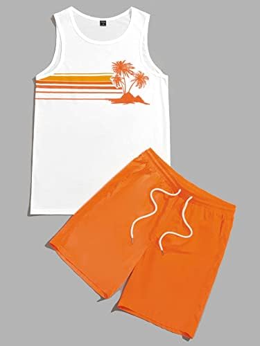 FDSUFDY Dvije komadne odjeće za muškarce Muškarci Striped & Coconut Tree Print Rezervoar TOP i kratke