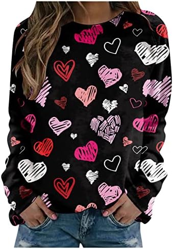 Majice za Valentine za žene, Crewneck vrhovi dukseri s dugim rukavima Ljubav Srčani grafički
