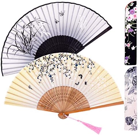 Meifan sklopivi ventilatori za žene, kineski japanski vintage retro stil bambusovih svilenih ventilatora za festival, ples, poklon, performanse, ukrase 2 pakovanje