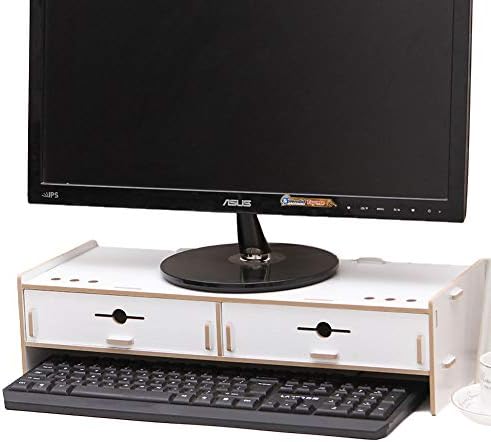 ASDFGH dvoslojni drveni stoni Organizator stalak za Monitor računara, stoni organizator sa fiokom Premium PC Monitor & amp; stalak za Laptop, čvrst uštedite prostor-Bijela